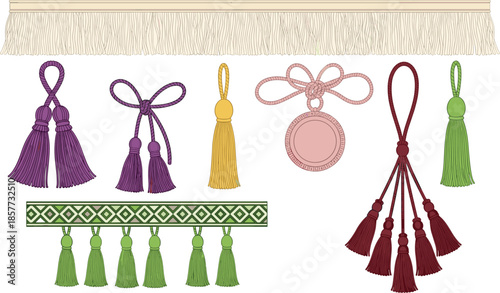 Decorative tassels illustration, curtain tiebacks, textile fringe, fabric trim, embroidery border, home decor accessory, craft embellishment, sewing decoration, interior design