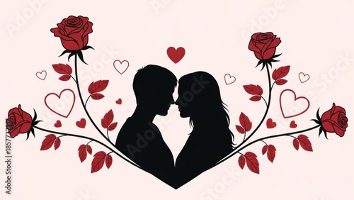 Silhouette of a couple in love facing each other with red roses and hearts decoration