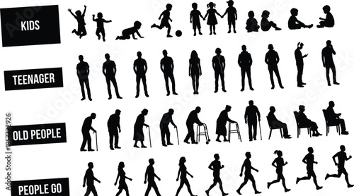 Comprehensive collection of human silhouettes featuring life stages from kids and teenagers to old people walking running and using walkers.