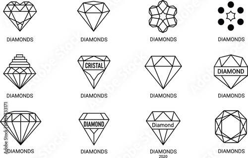 Diamond jewelry logo collection, crystal gemstone vector icons, luxury diamond outline set, sparkling precious stone design, elegant jewel illustration symbols