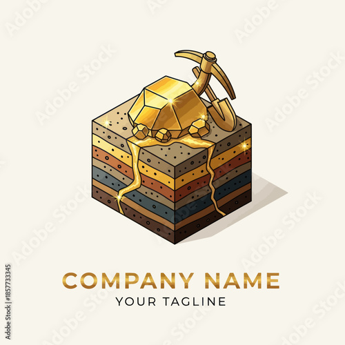 Gold Bar and Pickaxe on Rock.