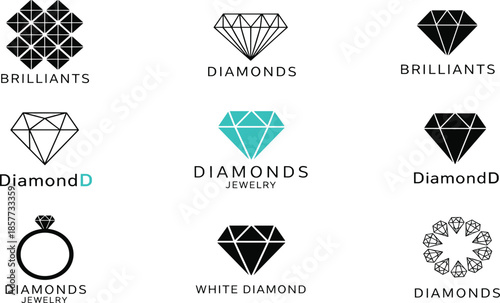 Diamond jewelry logo collection with luxury gemstone icons, brilliant cut, engagement ring, abstract design, modern branding, elegant vector symbols