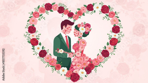 Loving couple embracing surrounded by heart shaped floral wreath on pink
