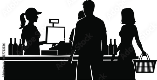 Grocery store checkout silhouette, customer and cashier interaction, retail shopping scene, black and white vector, consumer behavior concept, basket and cart