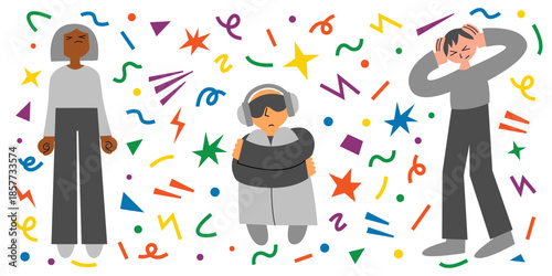People with autism in sensory overload. Self regulation, coping and relaxation. Neurodiversity spectrum awareness. Mental health in overstimulating environment. Vector illustration.