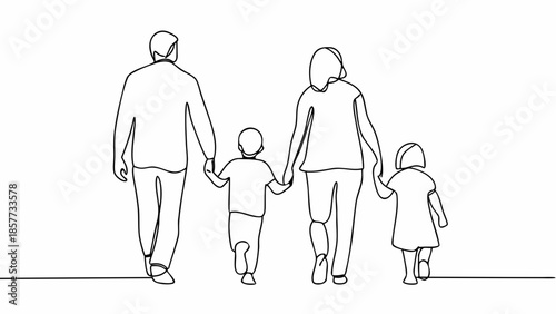 Happy family walking together hand in hand