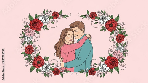 Romantic couple embracing tenderly surrounded by a floral wreath of red and white roses on a soft pink