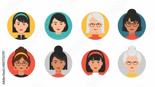 Diverse Asian Women Portraits in Circular Frames - A Vector Collection.