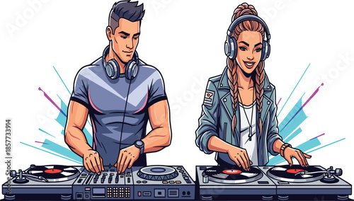 DJ couple mixing music, electronic dance party performance, turntable setup, nightlife entertainment, club sound mixing, professional disc jockeys playing tracks