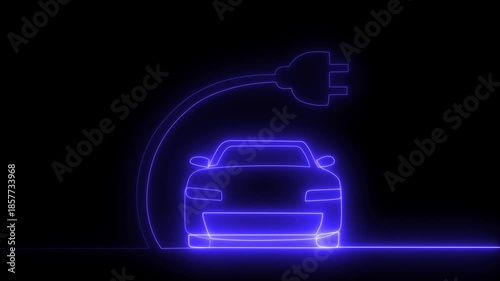 The Motion Car abstract glowing neon sign charger icon 4k animation . Neon car icon color glowing animated. Animation of glowing neon Driving mode car stroke icon on black background 
