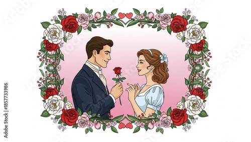 Man in suit offering red rose to smiling woman in blue dress surrounded by floral border with hearts