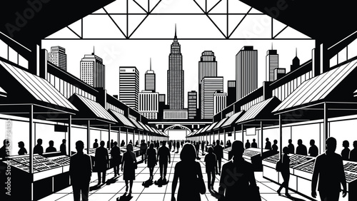 Indoor city market silhouettes with people shopping at stalls, urban skyline background with skyscrapers, local bazaar scene, commercial retail trade center, vector illustration, urban.