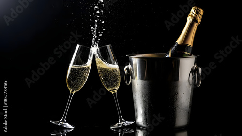 Luxurious Celebration Moment Golden Champagne Splashing from Glasses for a Festive Occasion