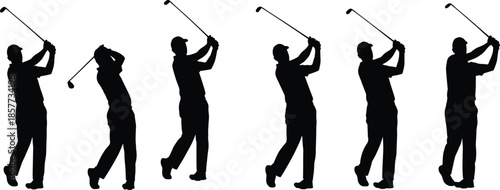Golf Swing Silhouette Set, Male Golfer Poses Isolated White Background, Dynamic Sequence, Athletic Sport, Recreation, Professional Hobby, Vector Illustration.