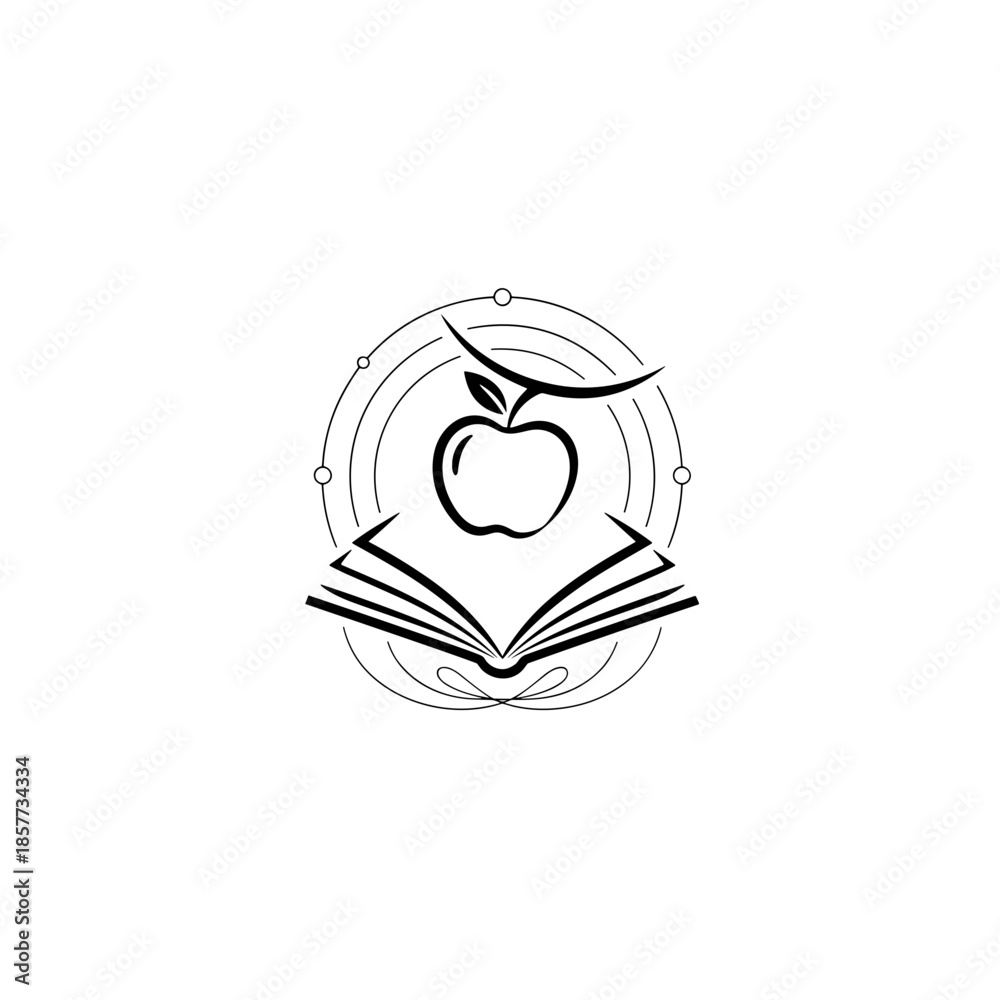 Fototapeta premium Minimalist line art of apple over open book in circular frame — symbolic illustration for Newton’s Day or science education