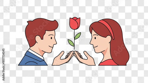 Cartoon couple sharing a romantic moment with a red rose gift