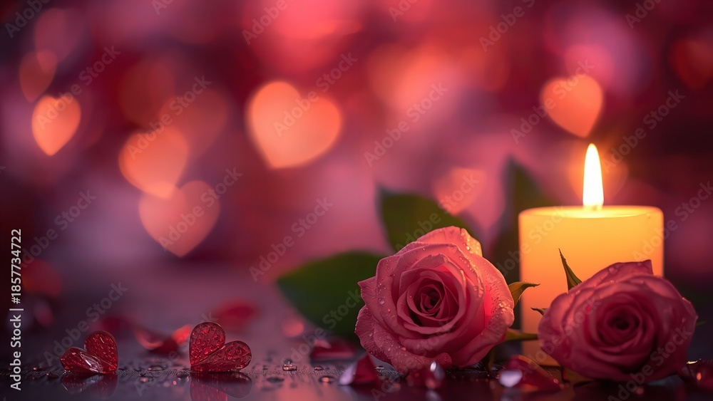 Fototapeta premium A romantic setup with roses, a candle, and heart-shaped decorations in a warm and cozy atmosphere.