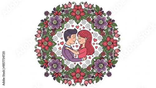 Loving couple embracing surrounded by floral wreath with hearts