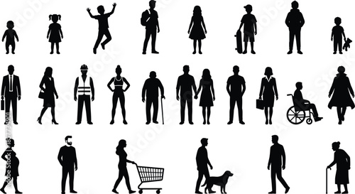 Diverse collection of human silhouettes featuring people of all ages, occupations, and abilities from childhood to elderly for community representation.