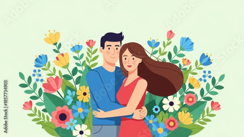 Cartoon couple embracing surrounded by colorful flowers on light green background