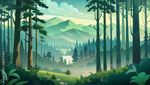 Dense forest landscape vector with layered trees and mist, depth effect, tranquil flat illustration style