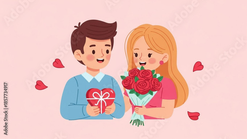 Young couple in love with flowers and gift on pink background for valentines day