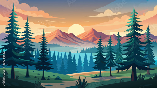 Flat forest landscape vector illustration with tall pine trees, soft gradient sky, peaceful nature background, panoramic view