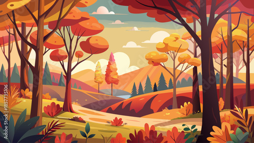 Autumn forest landscape vector with colorful leaves, warm fall tones, flat illustration