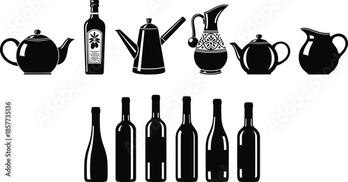 Kitchenware and bottle silhouette set, teapots, jugs, olive oil and wine bottles collection, elegant liquid containers isolated on white background for design,