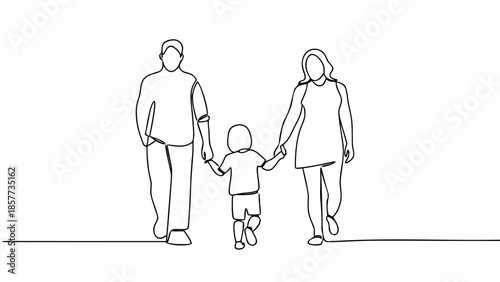 Happy family walking together hand in hand outdoors