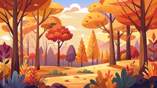 Autumn forest landscape vector with colorful leaves, warm fall tones, flat illustration