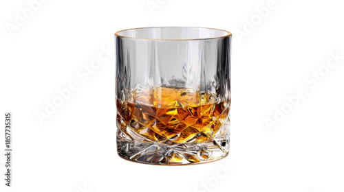 Whiskey glass tumbler filled with amber liquor, representing refreshment, leisure, and celebration on a transparent background
