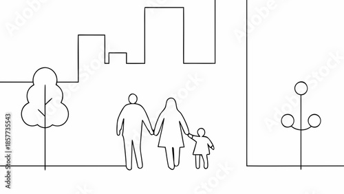 Family walking hand in hand through city neighborhood