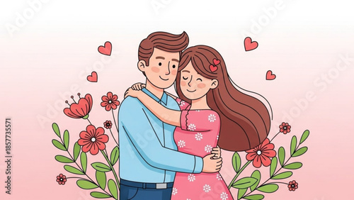 Loving couple embracing surrounded by blooming flowers and hearts on a soft pink background