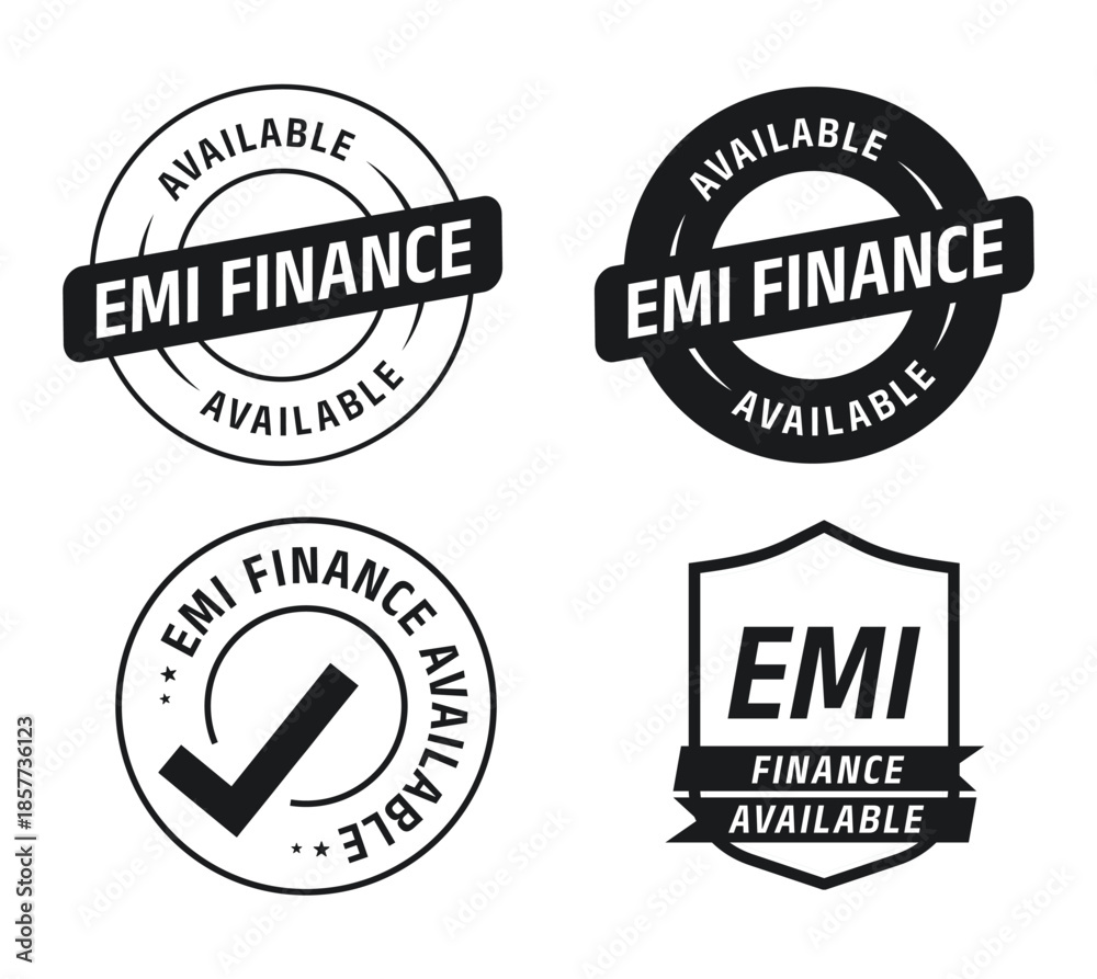 Fototapeta premium 'EMI Finance Available' Badge Set-vector illustration. A clean and modern set of “EMI Finance Available” badges featuring circular stamps and shield-style icons in black and white