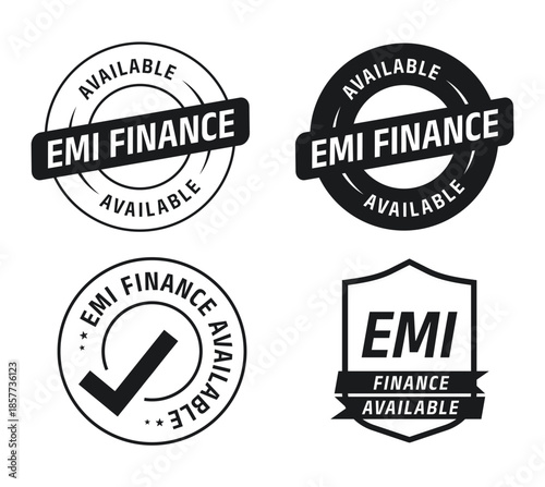 'EMI Finance Available' Badge Set-vector illustration.  A clean and modern set of “EMI Finance Available” badges featuring circular stamps and shield-style icons in black and white