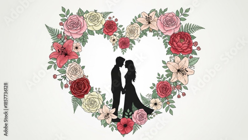 Romantic couple silhouette in heart shaped floral wreath of roses and flowers