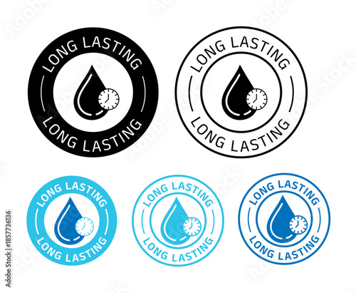 'Long lasting' icon set featuring a water drop with clock symbol inside circular badges. Clean modern flat design in black, white, and blue color variations. vector illustration