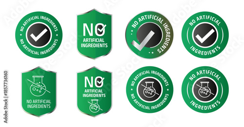 'No Artificial Ingredients' Badge Set – Natural Product Label Icons vector illustration with checkmark and laboratory icons