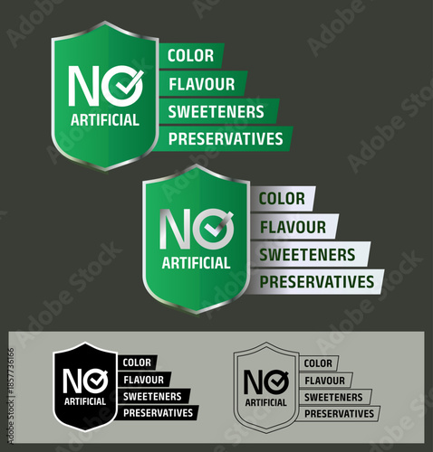 A professional “No Artificial” shield label set highlighting products made without artificial color, flavour, sweeteners, or preservatives. vector illustration. 