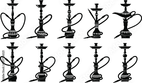Hookah silhouette collection, shisha vector icons, water pipe illustration set, black and white design, cultural smoking concept, Middle Eastern style