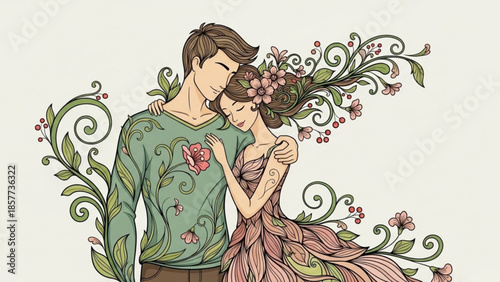 Loving couple embracing surrounded by floral vines and leaves on white background