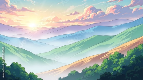 Vibrant sunrise over a serene mountain range with pastel skies and misty valleys