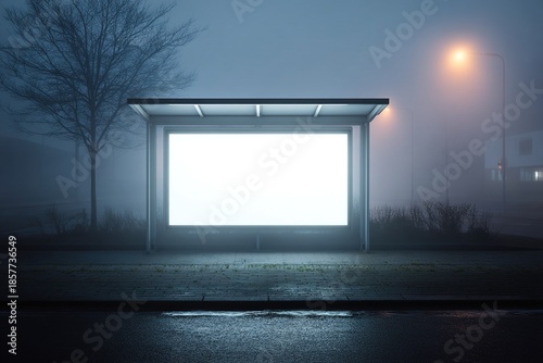 Bright illuminated bus shelter billboard at night in heavy fog