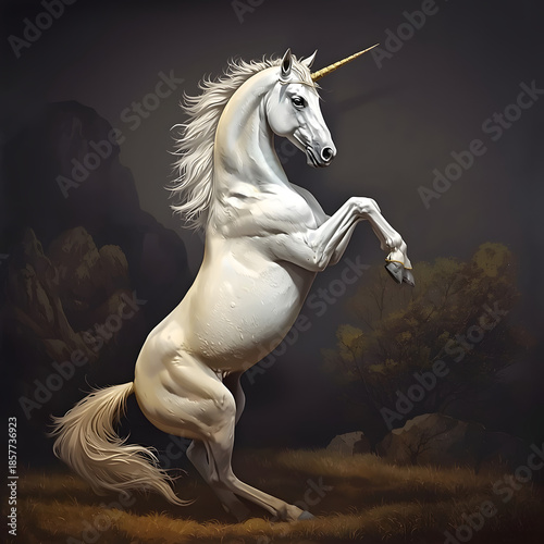 origin a side on view of a rearing white unicorn horse.