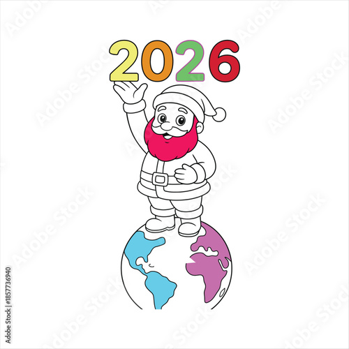 A cartoon astronaut in a Santa suit waves while standing on a colored globe with the year 2026 above