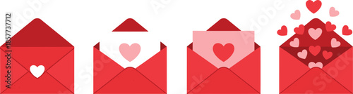 Red love envelope set with hearts, romantic message icons showing closed and open mail for Valentine design use