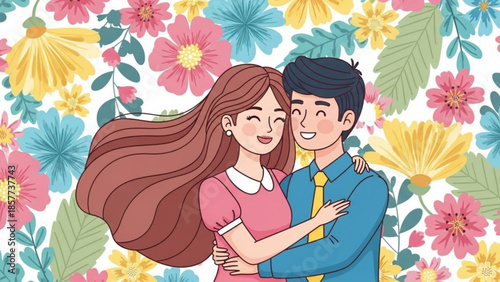Loving couple embracing warmly with flowers background happy relationship