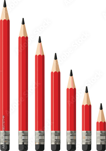 Red wooden pencils in different sizes arranged in descending order isolated vector illustration for education design