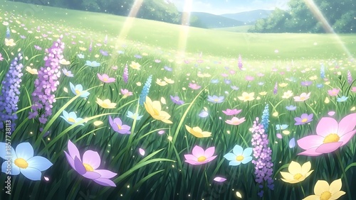 A serene anime meadow adorned with a kaleidoscope of blooming spring flowers